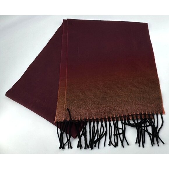 Gradient Burgundy-Orange 100% Cashmere Scarf With Fringe Made In Scotland - Picture 1 of 3